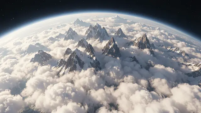 Towering snow-capped mountain peaks rise through dense pale cloud cover on a planet seen from deep space orbit.