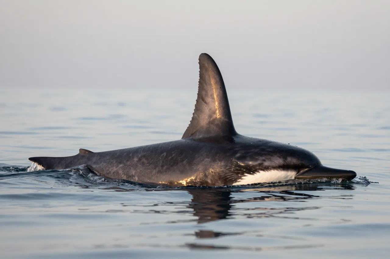 An orca swims with its tall dorsal fin cutting through calm dusk ocean water