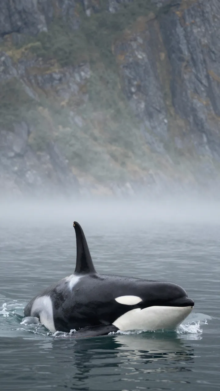 An orca surfaces in calm misty fjord waters with steep rocky cliffs in the background