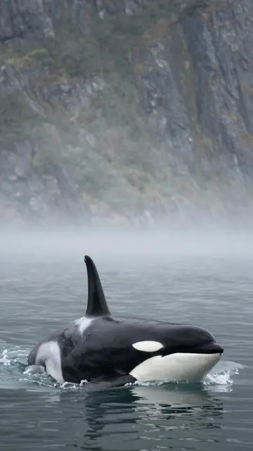 An orca surfaces in calm misty fjord waters with steep rocky cliffs in the background