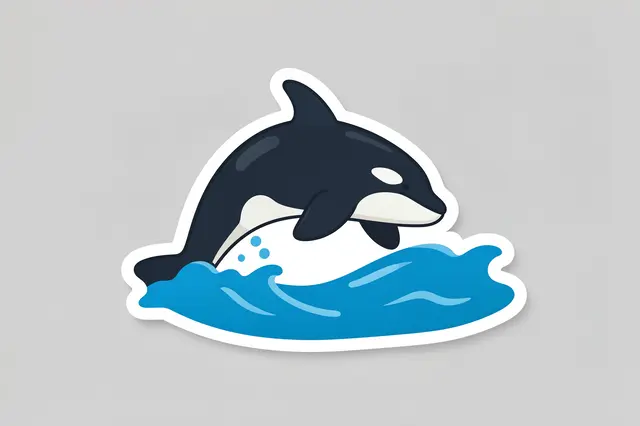 Flat cute die-cut sticker of a leaping orca over a wave on a light gray background