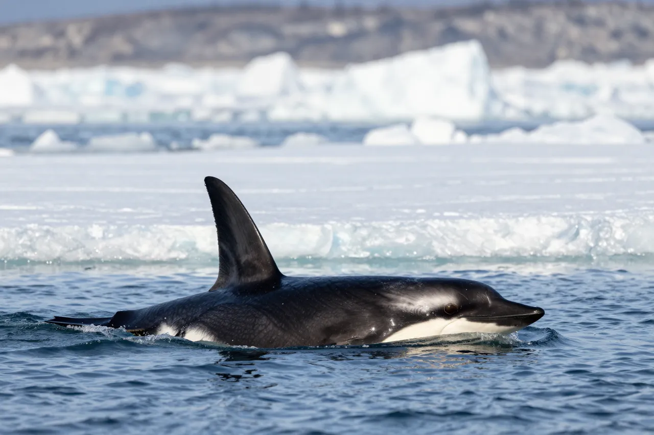 An orca surfaces in arctic ocean water adjacent to floating ice floes