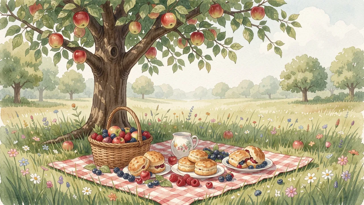 Gouache illustration of a scone and berry picnic spread on a checkered blanket under a fruiting apple tree in a wildflower