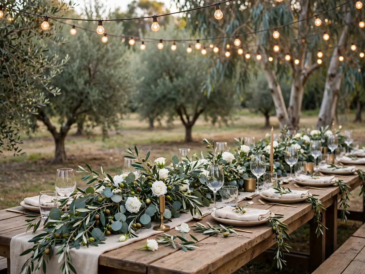 A decorated long wooden wedding reception table sits under festoon lights in a tree-filled orchard.