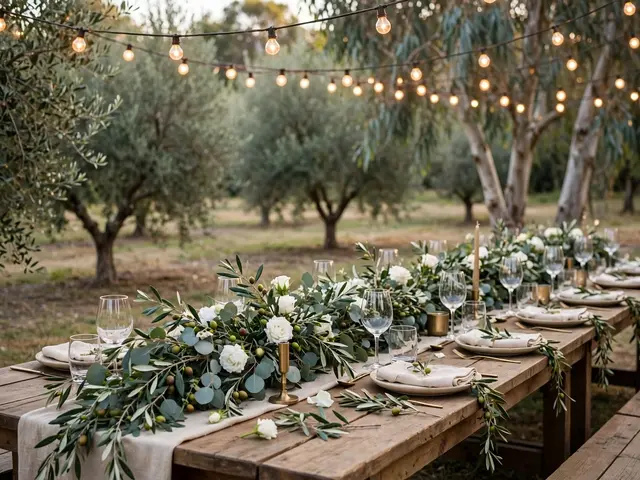 A decorated long wooden wedding reception table sits under festoon lights in a tree-filled orchard.