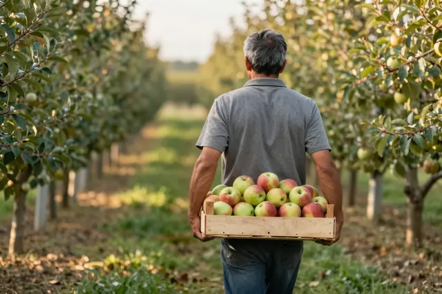 A man seen from behind carries a wooden crate of apples down an orchard row at golden hour.
