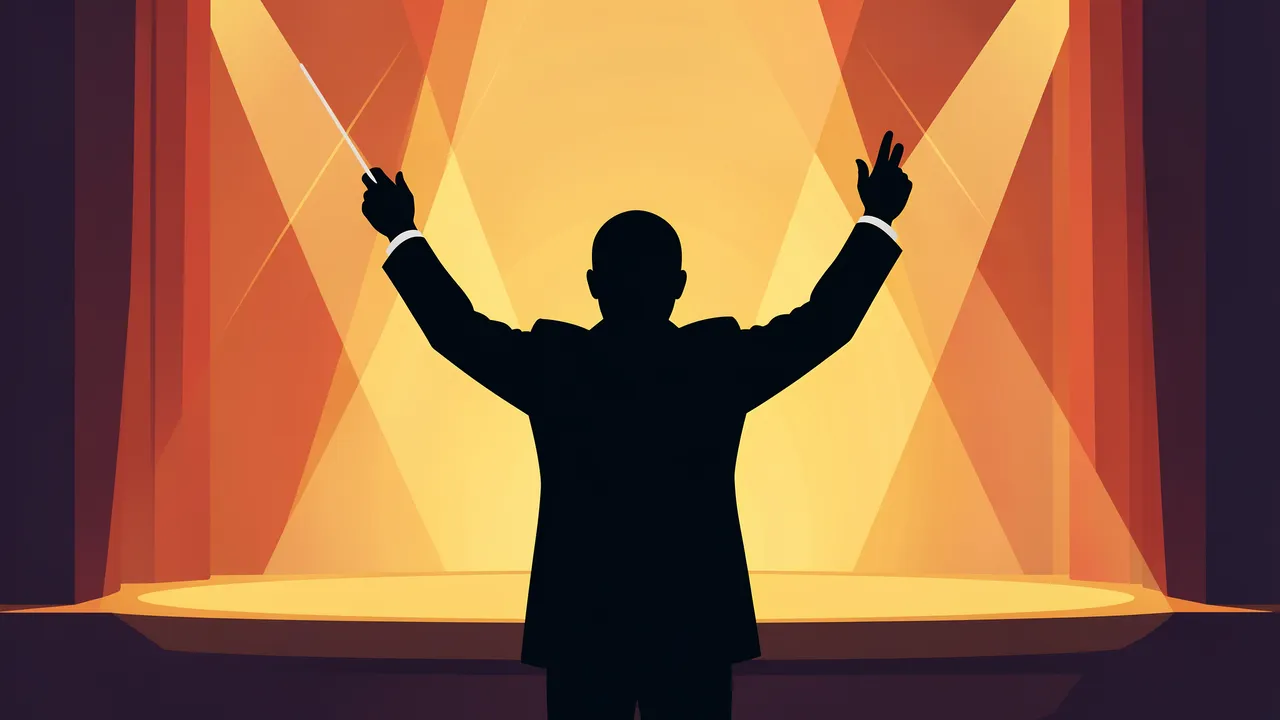 Black silhouette of an orchestra conductor with raised baton and arms standing before glowing warm stage lights