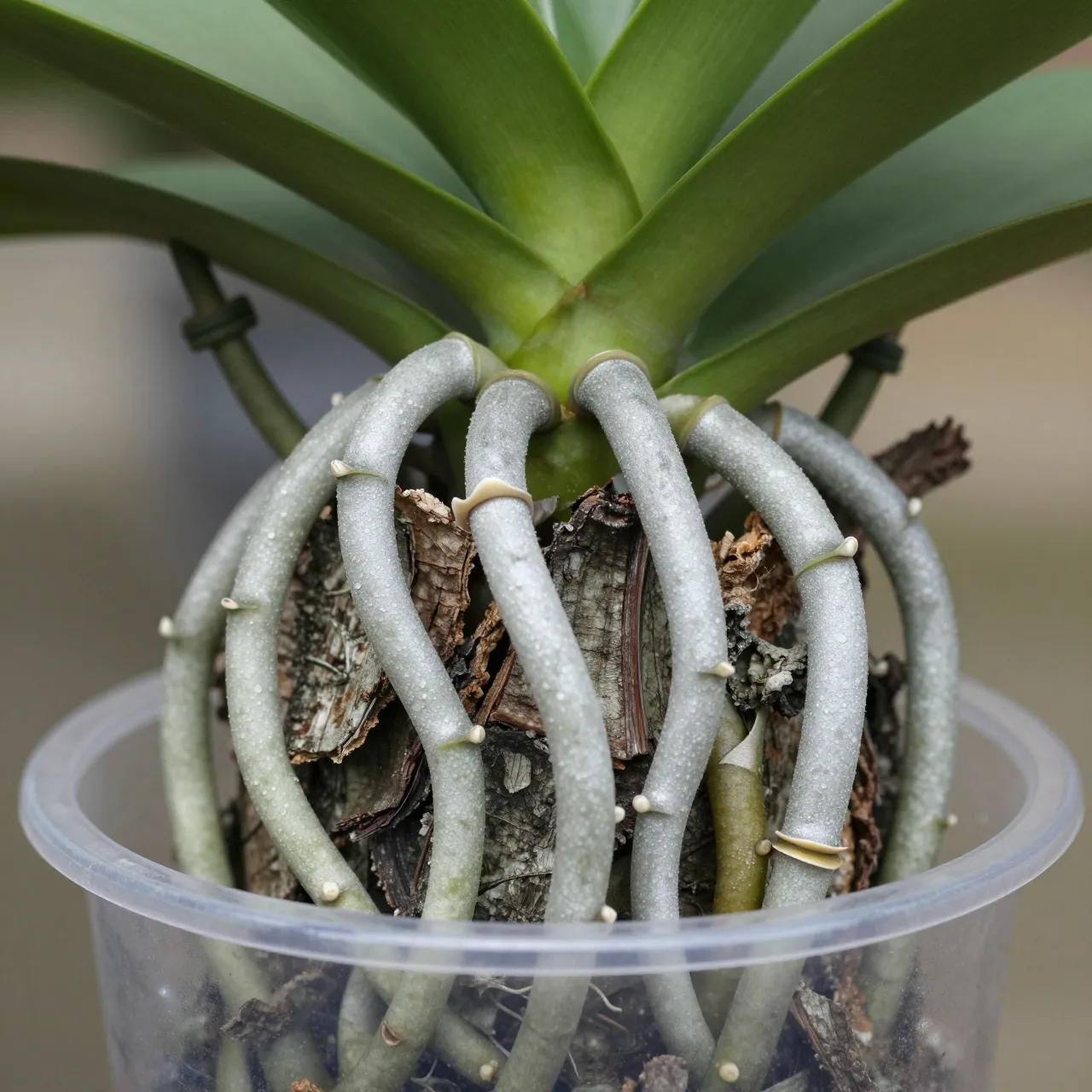 Close-up of silver-green orchid aerial roots gripping bark in a clear plastic pot