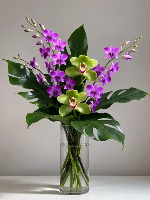 Purple and green orchids with monstera leaves arranged in a tall clear glass vase on a light table