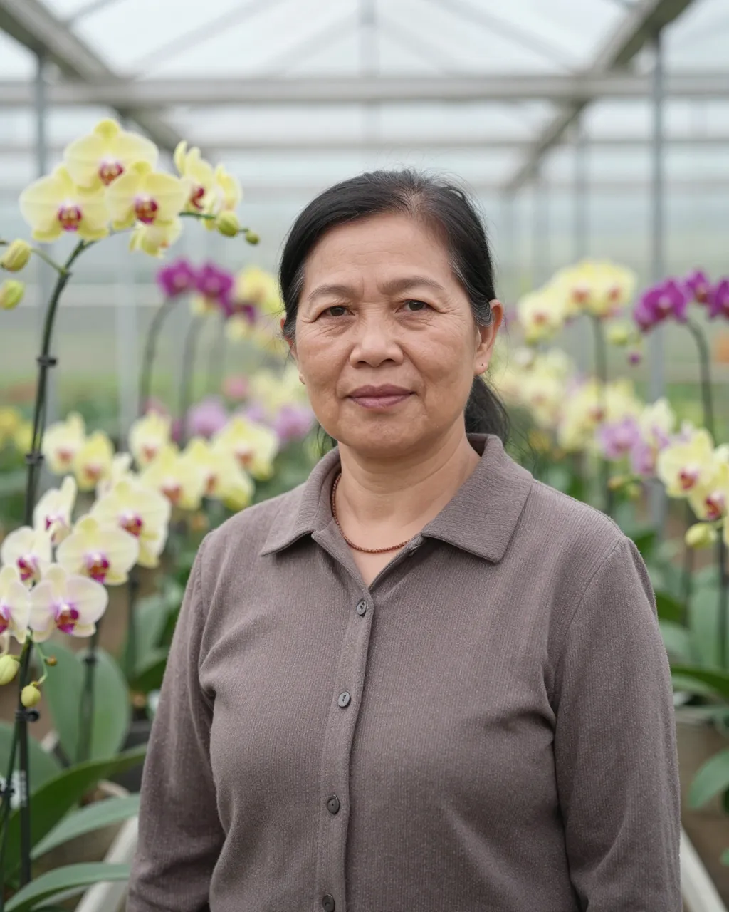 Mature Southeast Asian woman stands among blooming orchids inside a sunlit greenhouse