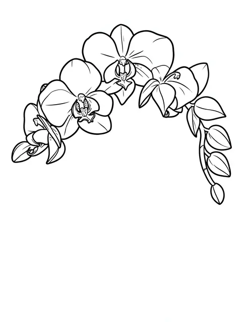 Black and white bold line art of an arching orchid spray on a plain white background