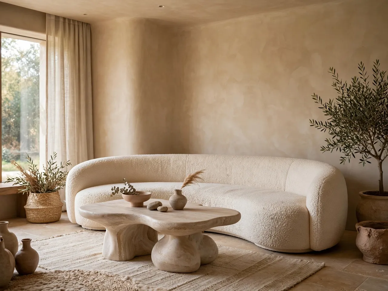 Warm neutral organic modern living room with curved boucle sofa and sculptural stone coffee table