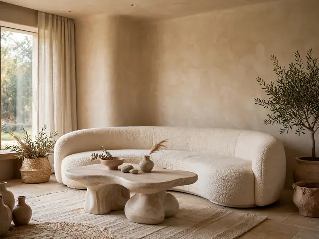 Warm neutral organic modern living room with curved boucle sofa and sculptural stone coffee table