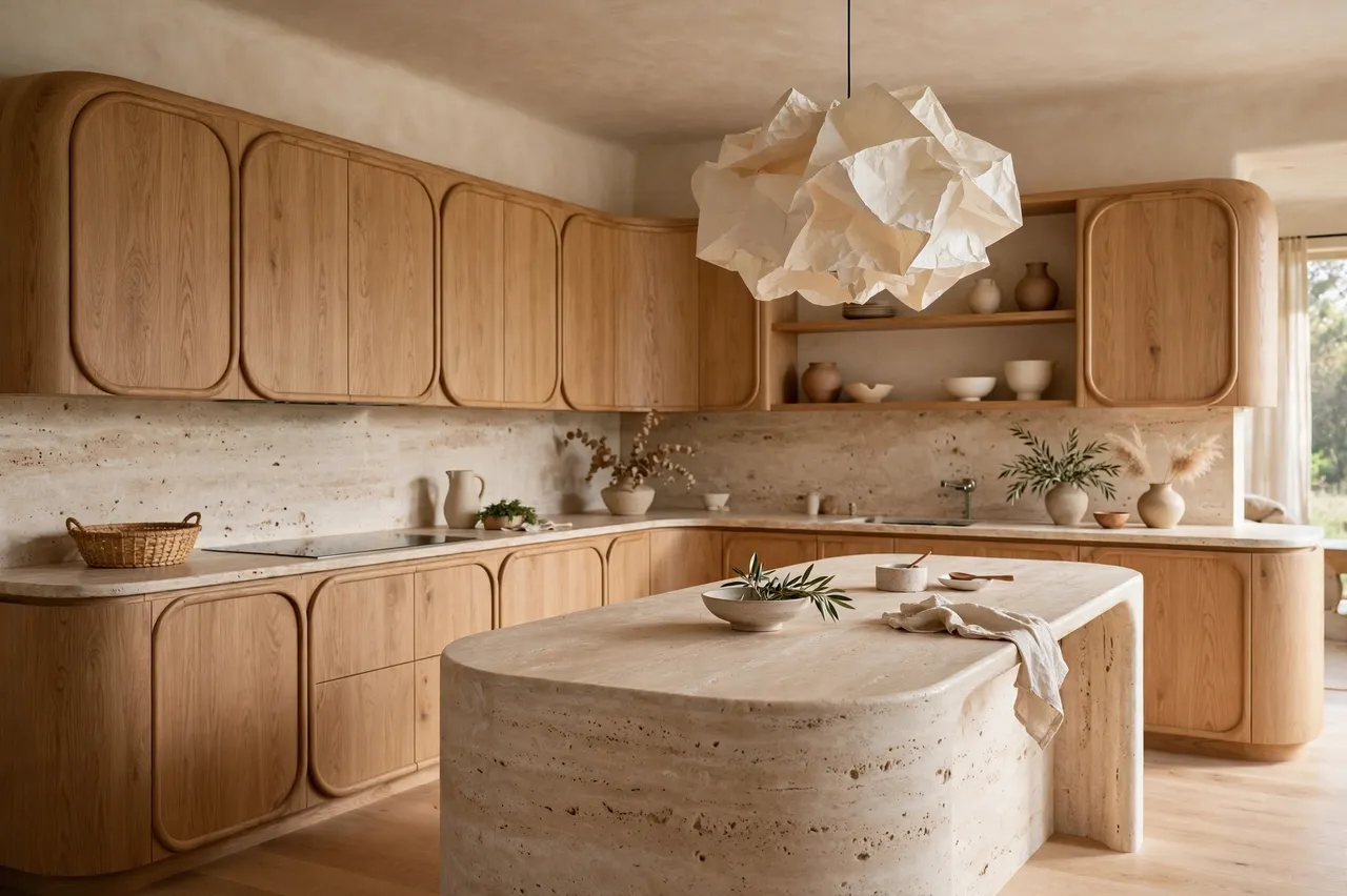 Warm organic modern kitchen with rounded oak cabinetry, travertine island and folded paper pendant light