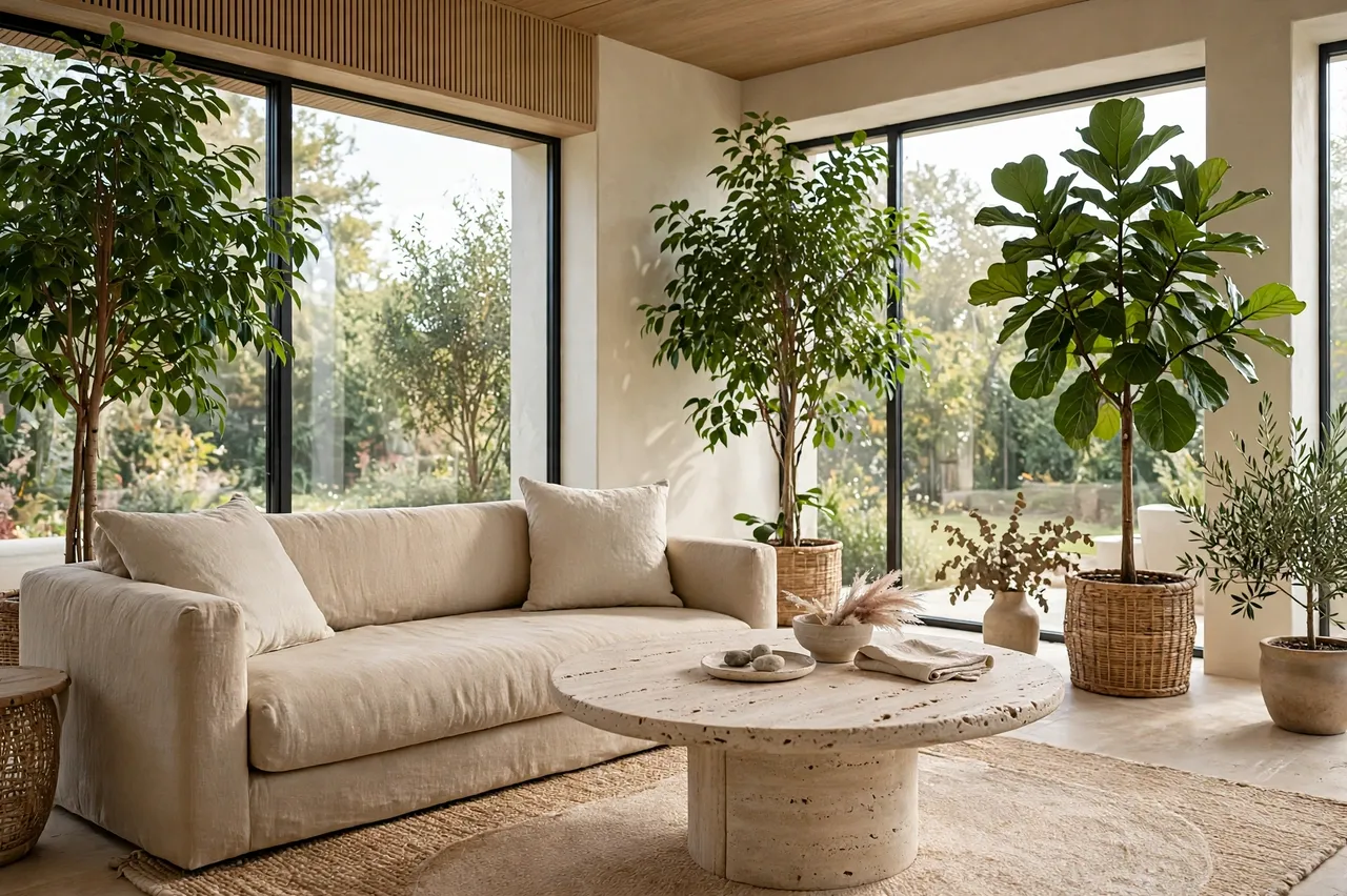 Bright sunroom with low sand sofa, round travertine table and tall potted trees by large windows
