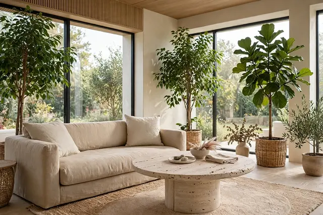 Bright sunroom with low sand sofa, round travertine table and tall potted trees by large windows