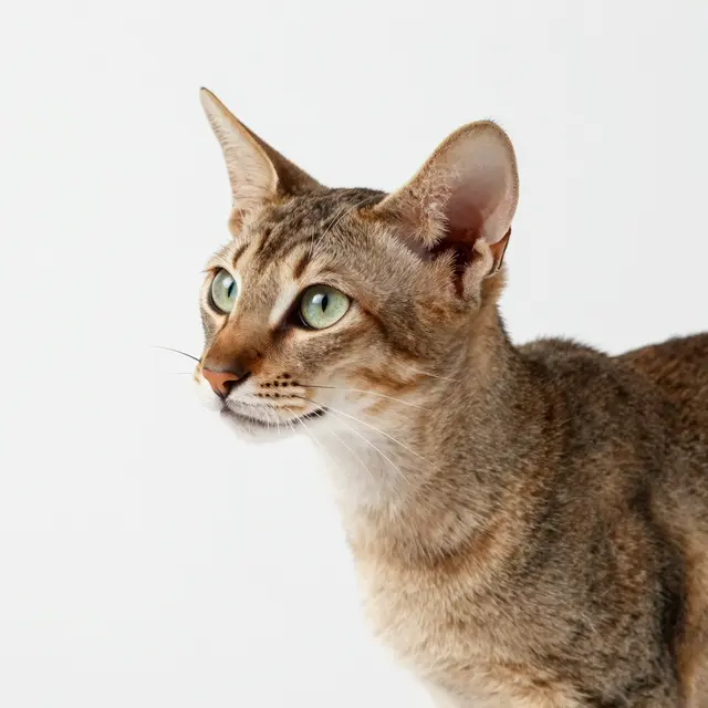 Upper body shot of a slender Oriental Shorthair cat facing left against a plain white studio backdrop