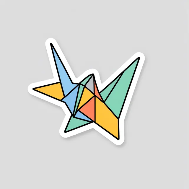 Colorful geometric origami crane sticker with a thick white border sits on a plain light gray background