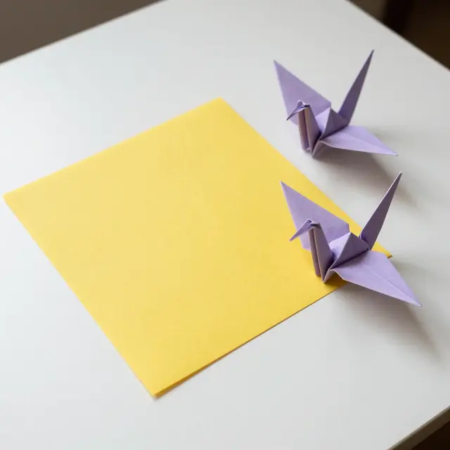 Two purple origami cranes rest beside a sheet of yellow origami paper on a white tabletop