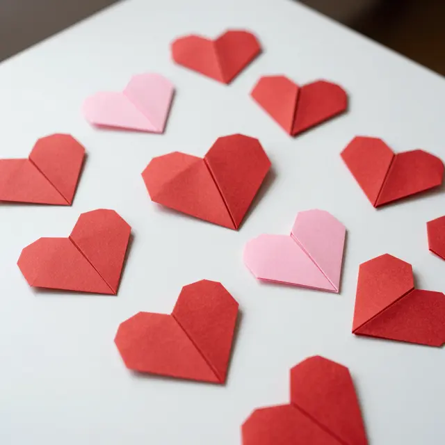 Top view of scattered red and pink folded paper origami hearts resting on a plain white table surface.