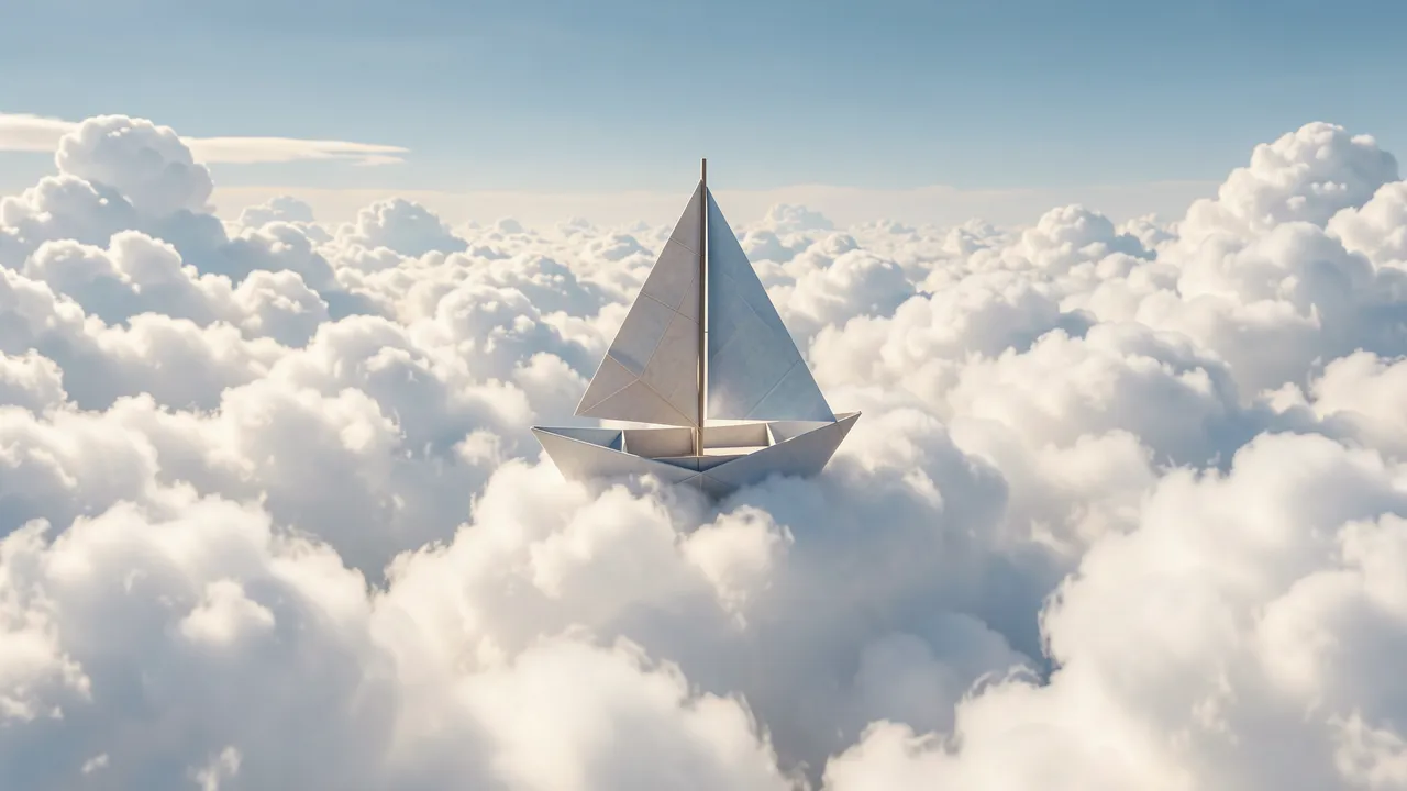 A white origami sailboat floats gently atop a vast sea of fluffy cumulus clouds under a pale blue sky.