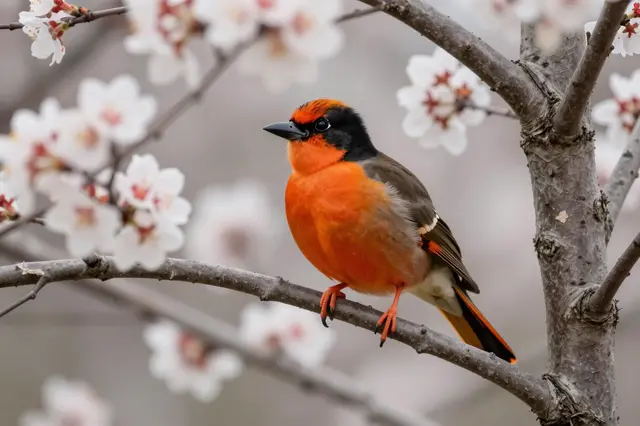 A bright orange and black Baltimore oriole sits perched on a flowering tree branch surrounded by white spring blossoms.