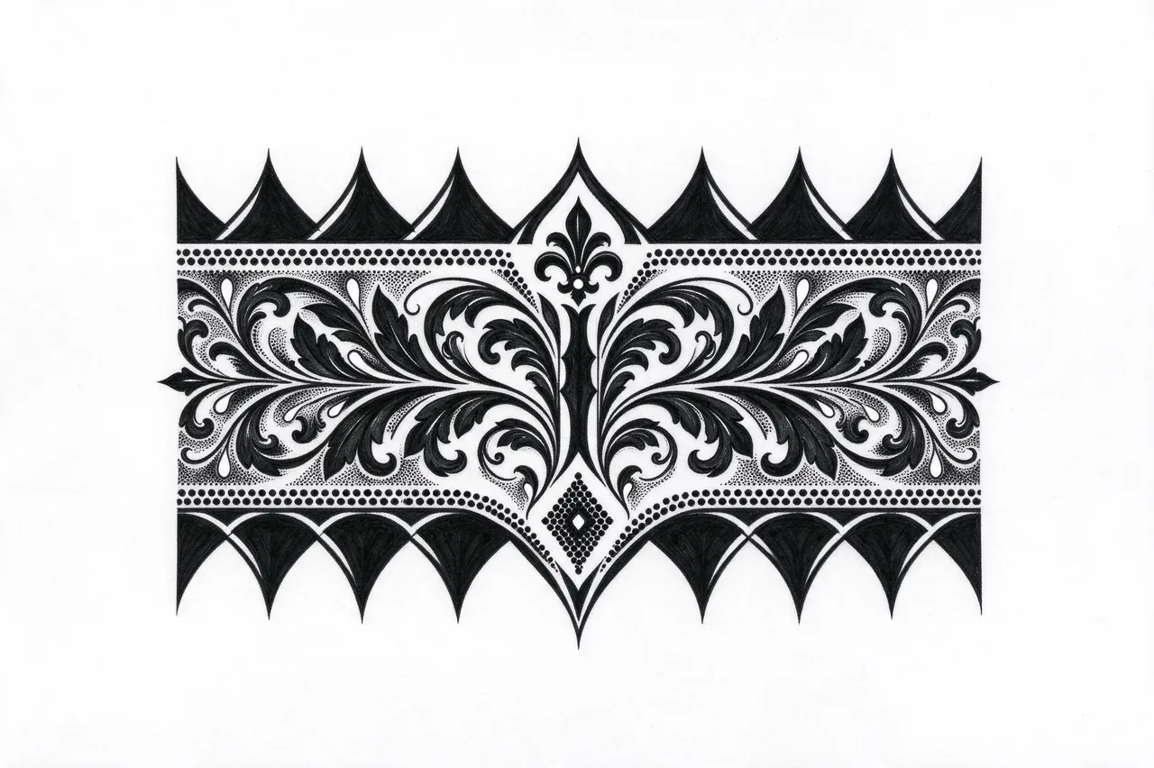 Symmetrical blackwork armband tattoo drawing with dotwork detailing on white paper
