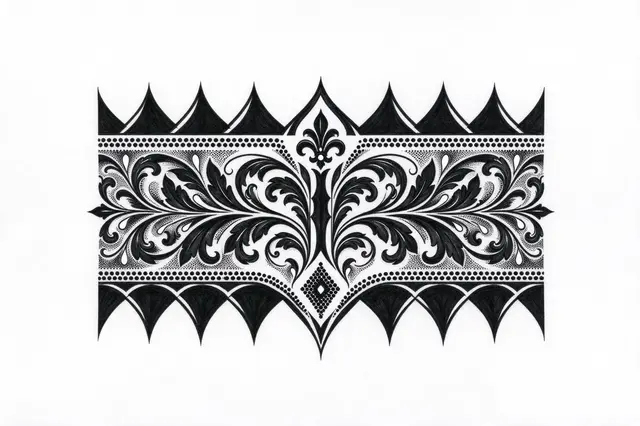 Symmetrical blackwork armband tattoo drawing with dotwork detailing on white paper