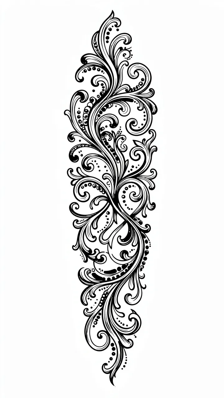 Vertical flowing black filigree scrollwork with dotwork details on a plain white background