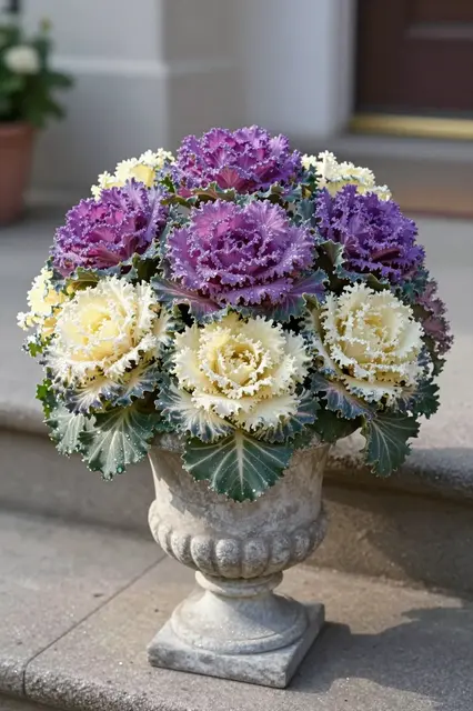 Dewy purple and cream ornamental kale rosettes fill a weathered stone urn on front entry steps in soft morning light.