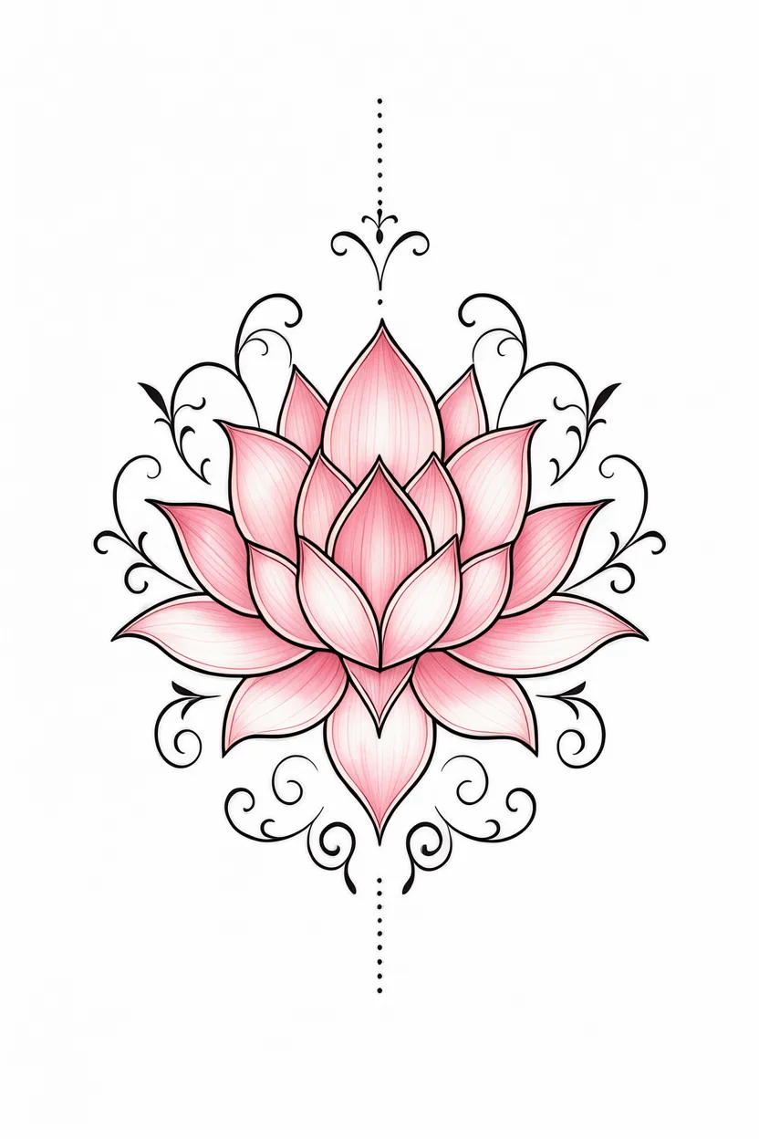 Vertical ornamental lotus tattoo illustration with pink gradient petals, black flourishes and dotted lines on a white