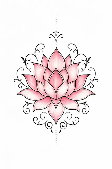 Vertical ornamental lotus tattoo illustration with pink gradient petals, black flourishes and dotted lines on a white