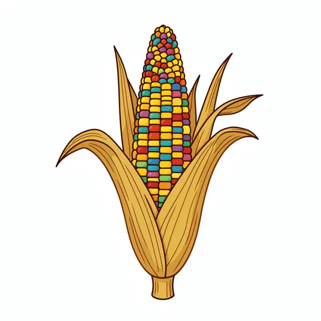 Flat clipart illustration of multicolored ornamental corn with dry husks on a plain white background