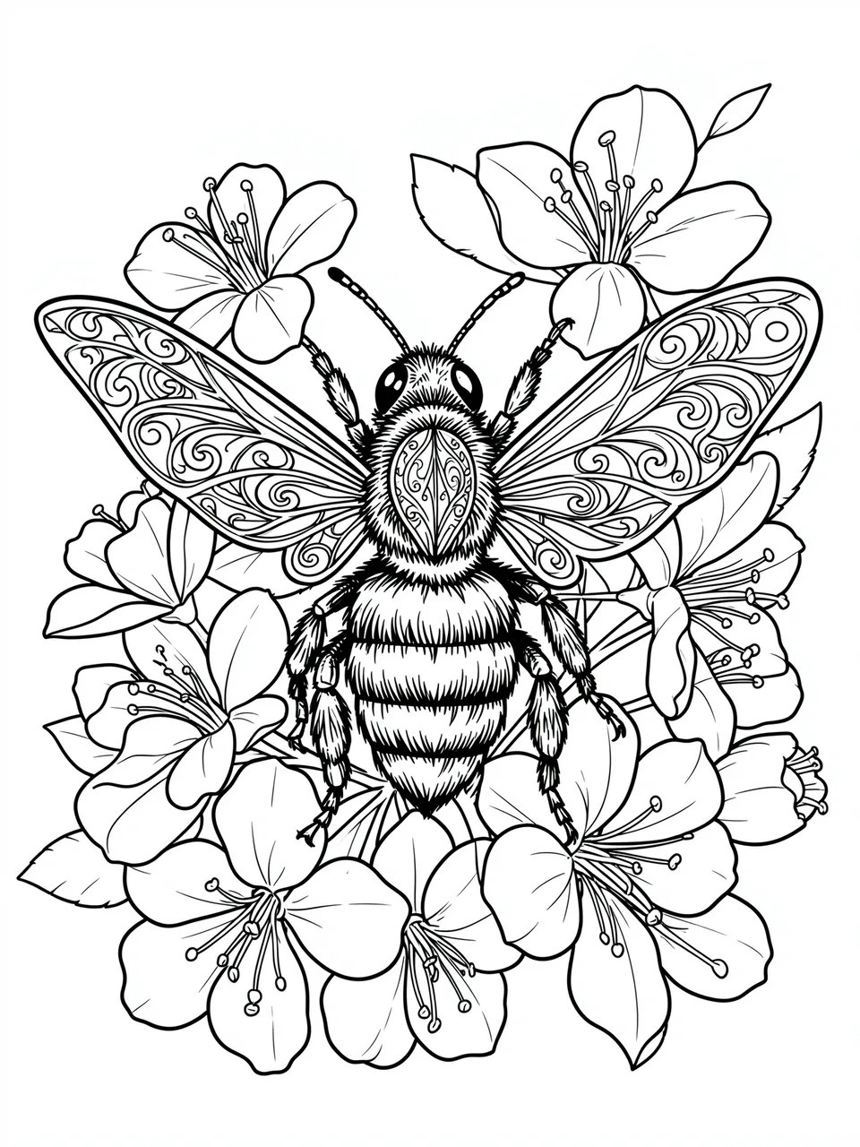 Intricate black and white line art of a detailed ornate bee surrounded by flowering blossoms on a plain white background