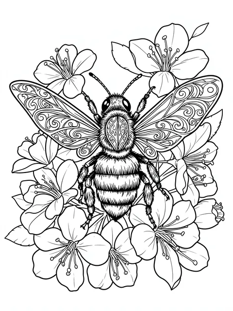 Intricate black and white line art of a detailed ornate bee surrounded by flowering blossoms on a plain white background