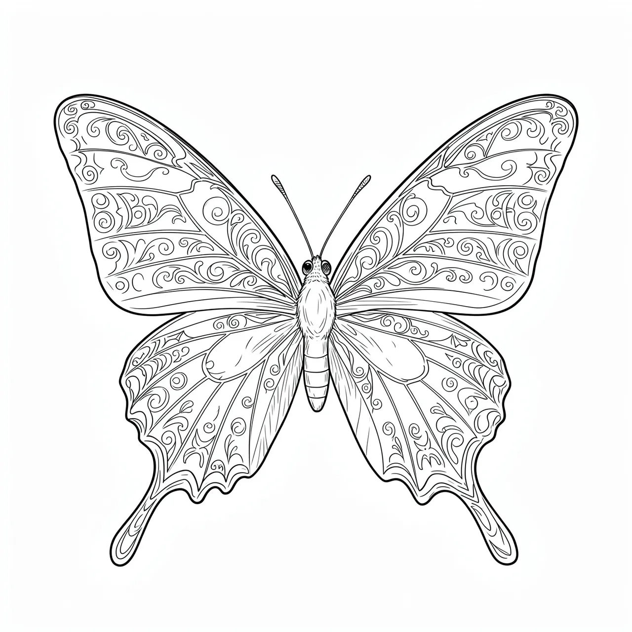 Symmetrical fine line art illustration of a patterned butterfly viewed from above on a plain white background