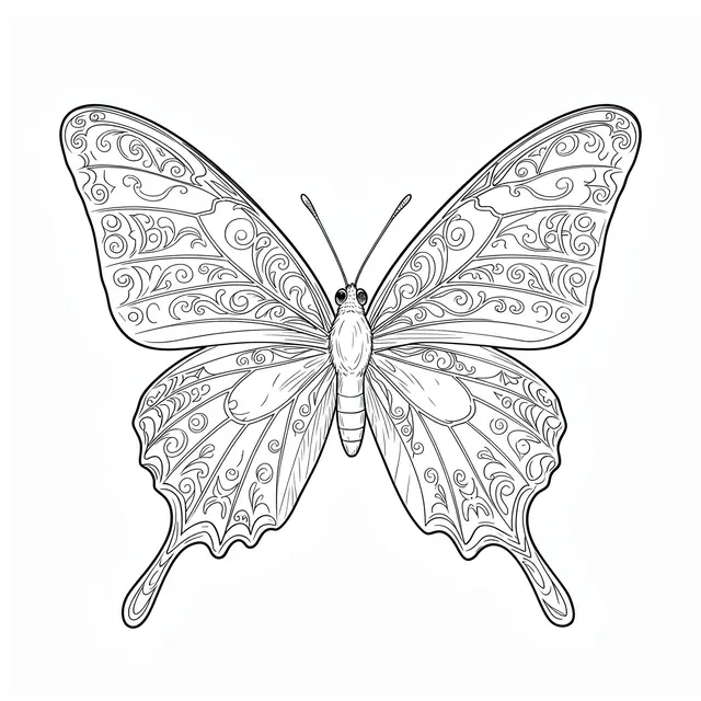 Symmetrical fine line art illustration of a patterned butterfly viewed from above on a plain white background