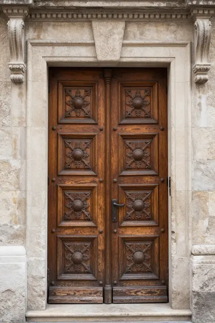 An intricately carved dark wooden double door set in a decorative light stone building frame