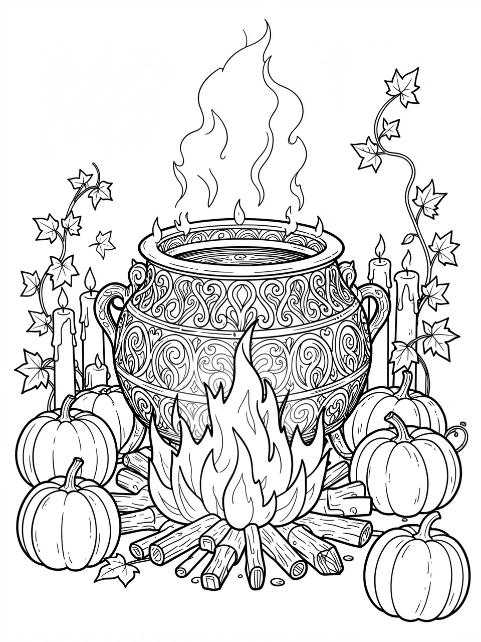 Intricate black and white line art of a decorated cauldron over fire, surrounded by pumpkins, candles and ivy on a white
