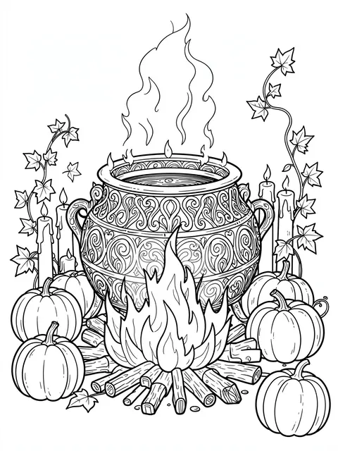 Intricate black and white line art of a decorated cauldron over fire, surrounded by pumpkins, candles and ivy on a white