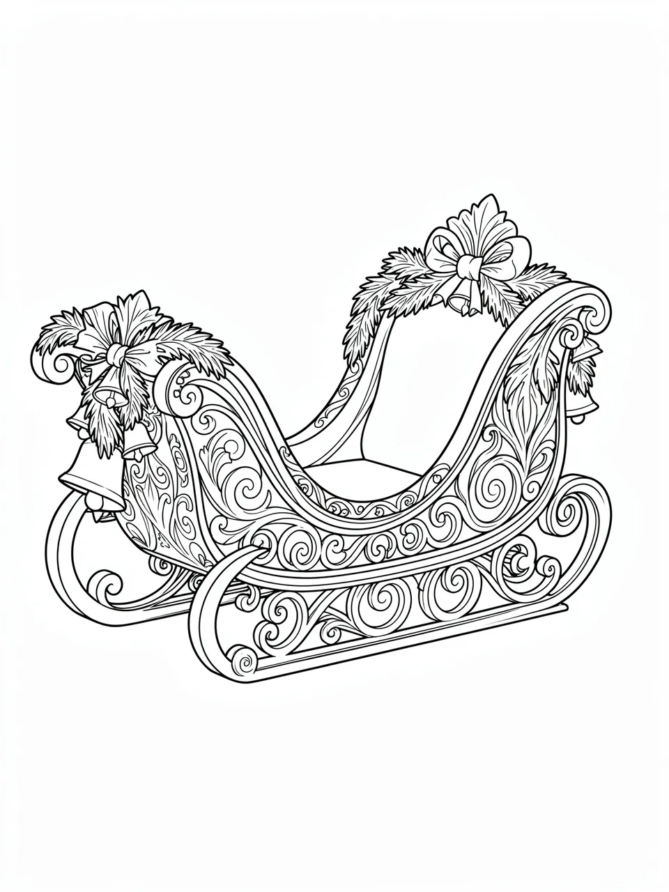 Black and white line art of an intricately decorated empty sleigh on a plain white background, formatted for a coloring page