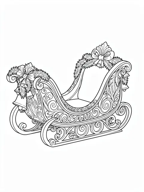 Black and white line art of an intricately decorated empty sleigh on a plain white background, formatted for a coloring page