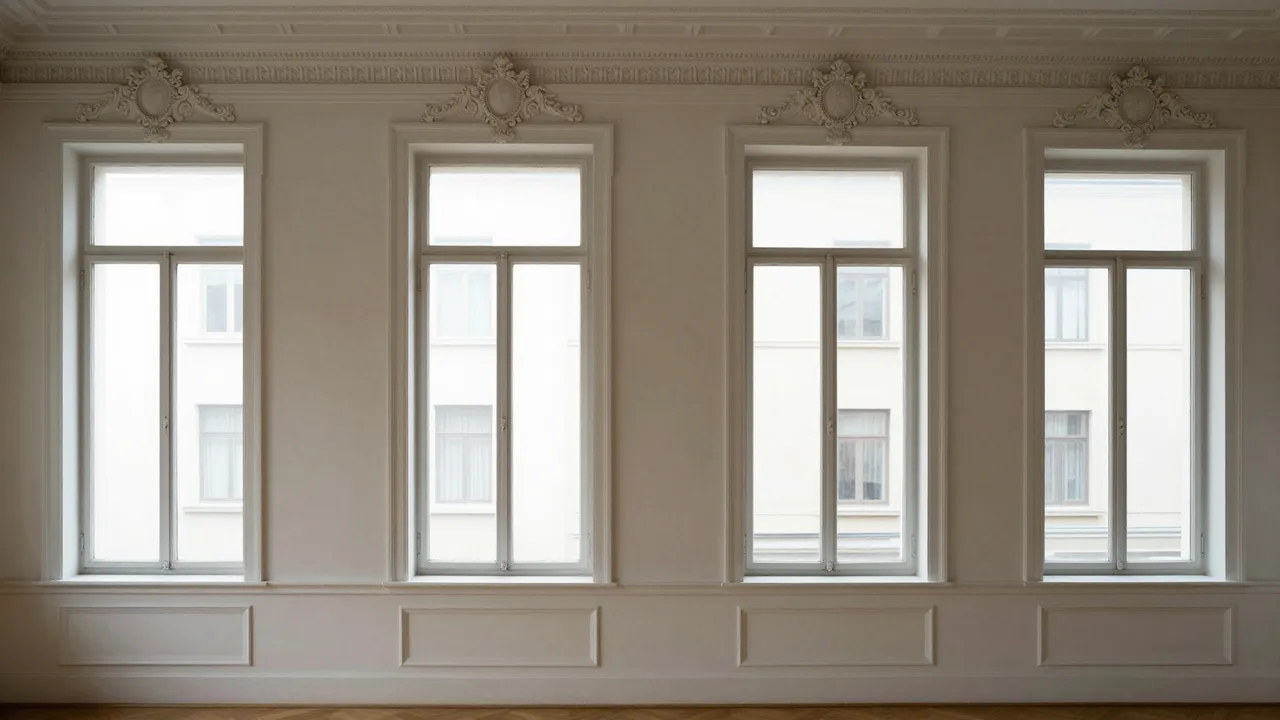 Empty light-colored classic interior wall with four tall matching windows and decorative plaster moldings