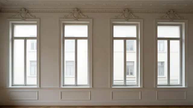 Empty light-colored classic interior wall with four tall matching windows and decorative plaster moldings