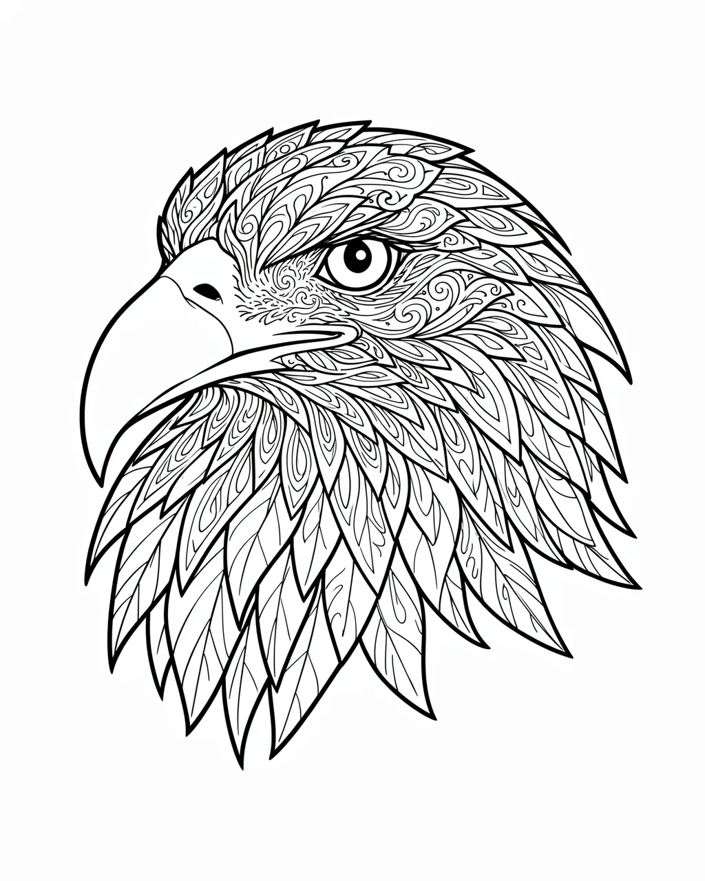 Intricate black and white line art eagle head with decorative feather patterns on a plain white background