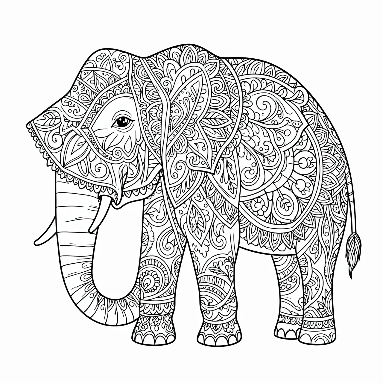Intricate black line art of a paisley-patterned elephant mandala on a plain white background, designed for coloring.