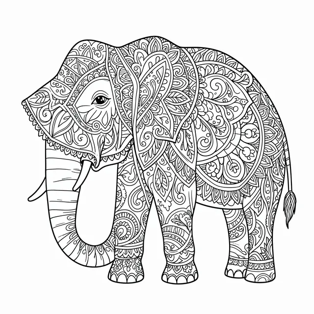 Intricate black line art of a paisley-patterned elephant mandala on a plain white background, designed for coloring.