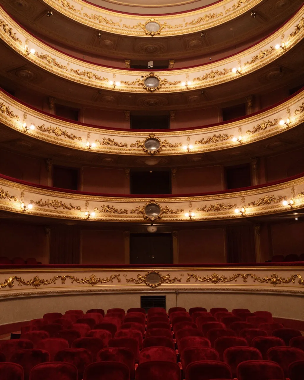 Looking up from red velvet seats at stacked gilded theater balconies in an empty historic opera house