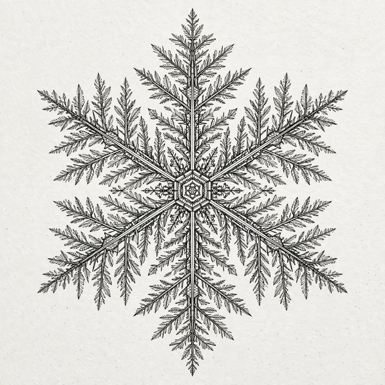 Detailed symmetrical six-pointed feathery snowflake drawn in fine black ink on off-white textured paper