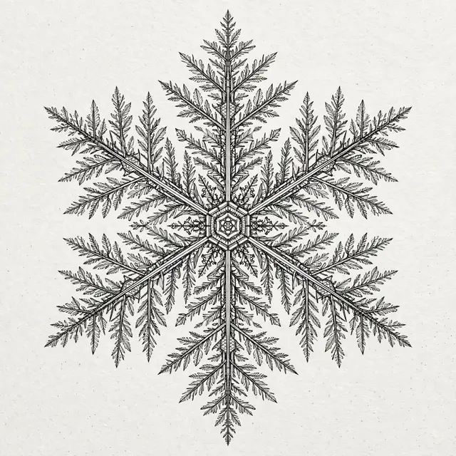 Detailed symmetrical six-pointed feathery snowflake drawn in fine black ink on off-white textured paper
